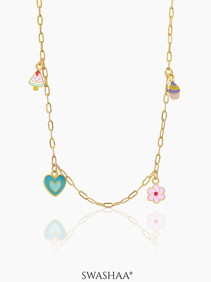 Blossom Love Watermalon, Flower, Heart, Cupcake Charms 18K Gold Plated Kid's Necklace