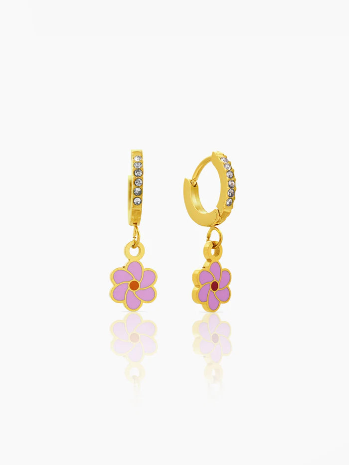 Blossom Pink Flower Charm 18K Gold Plated Kid's Hoop Dangling Earrings