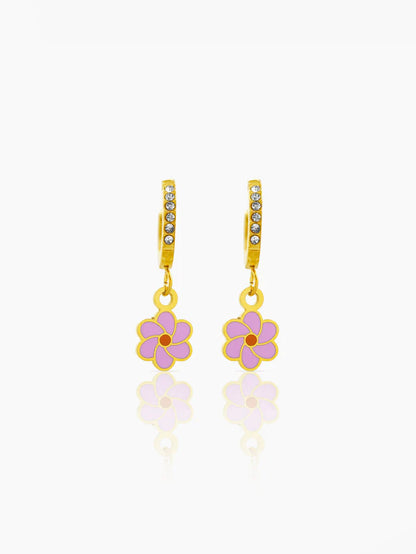 Blossom Pink Flower Charm 18K Gold Plated Kid's Hoop Dangling Earrings