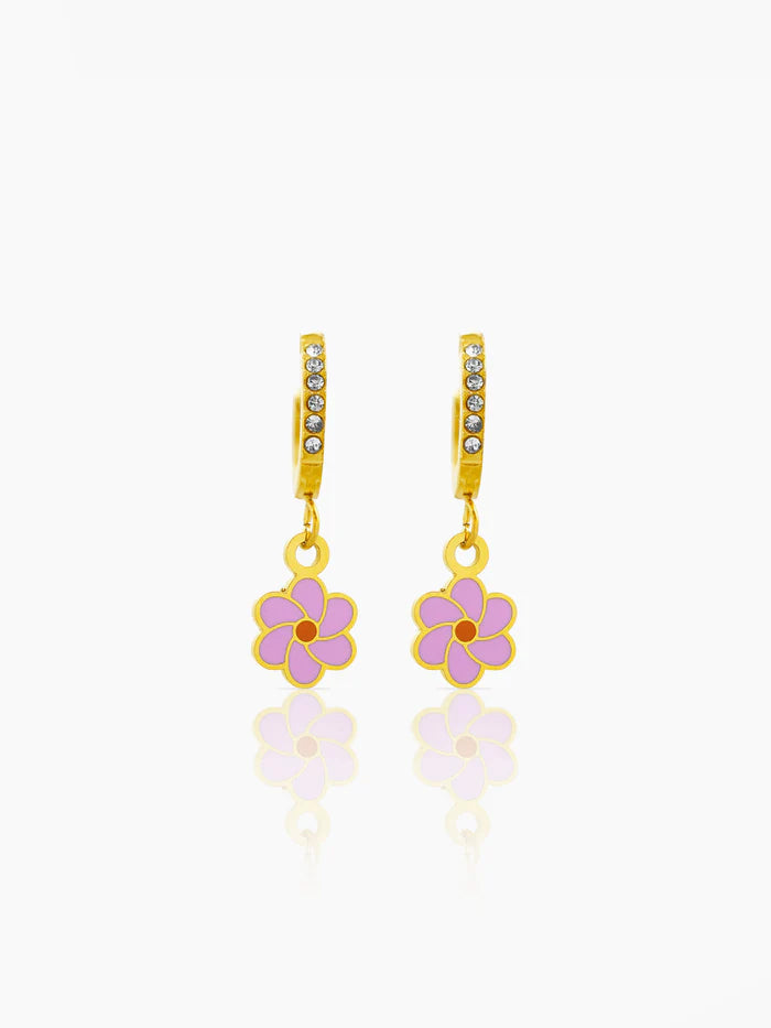Blossom Pink Flower Charm 18K Gold Plated Kid's Hoop Dangling Earrings