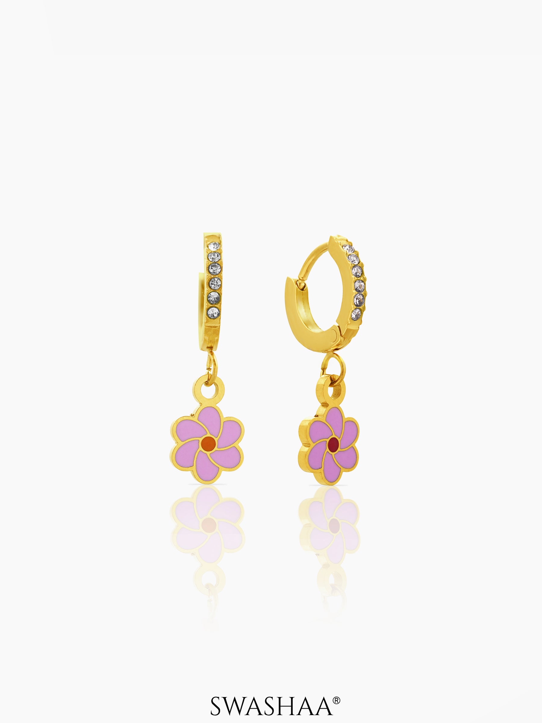 Blossom Pink Flower Charm 18K Gold Plated Kid's Hoop Earrings