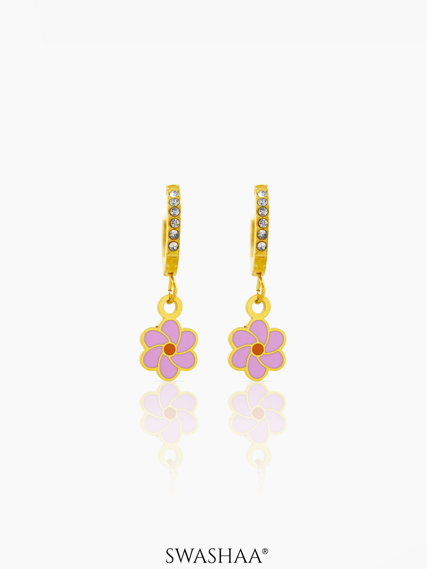 Blossom Pink Flower Charm 18K Gold Plated Kid's Hoop Earrings