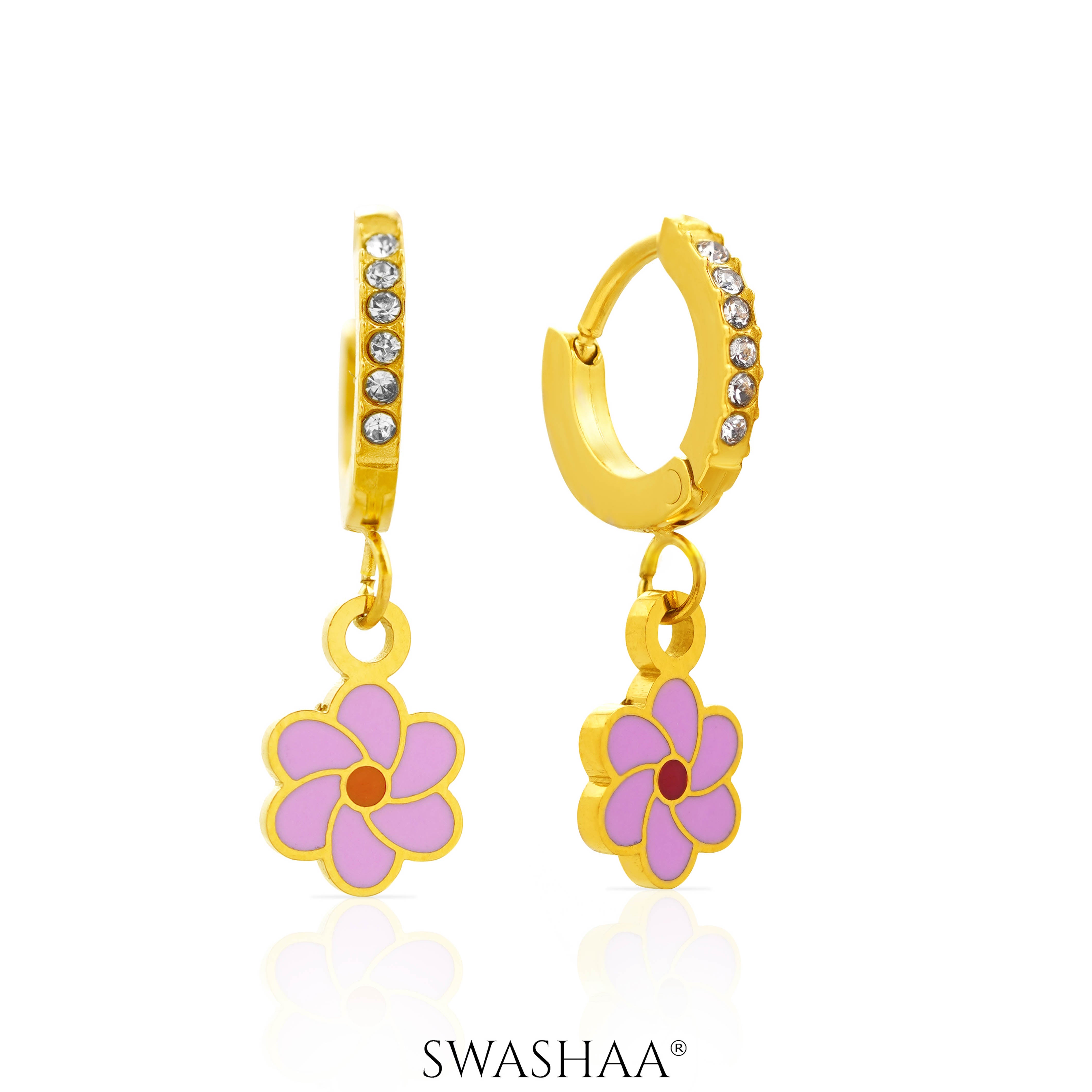 Blossom Pink Flower Charm 18K Gold Plated Kid's Hoop Earrings