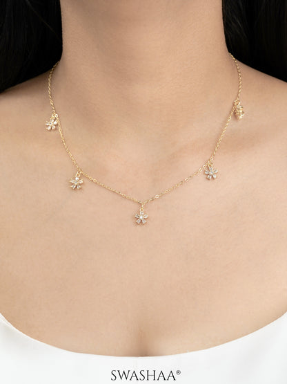 Blossomy Diamond Floral Flower Charms 14K Gold Plated Choker Necklace
