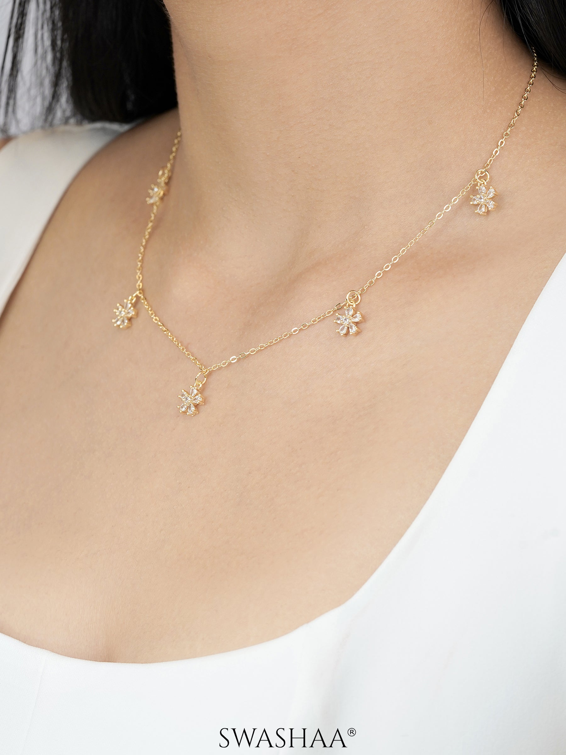 Blossomy Diamond Floral Flower Charms 14K Gold Plated Choker Necklace