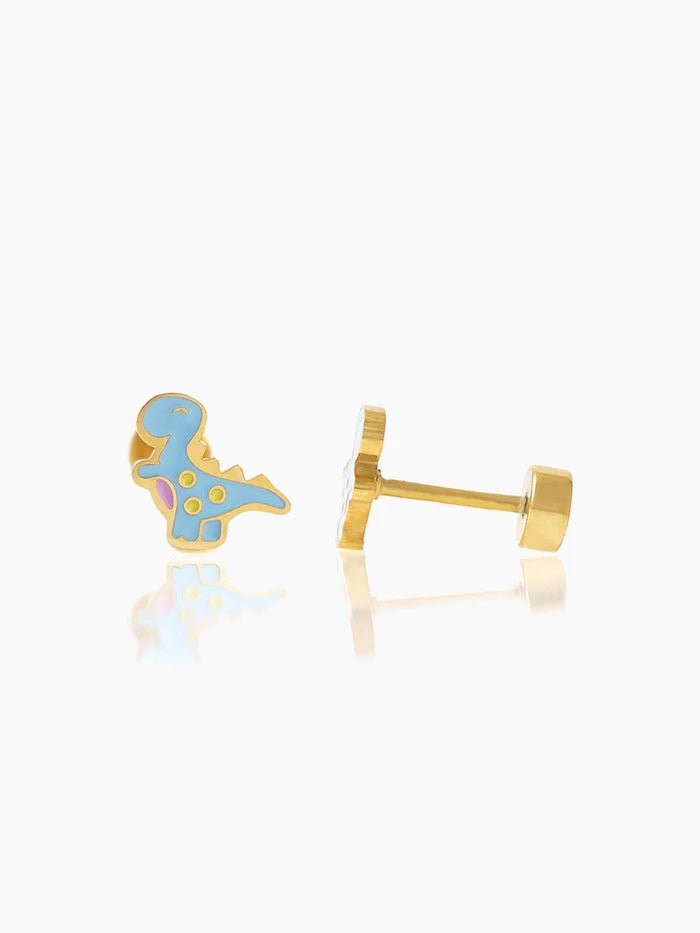 Blue Dina Dinosaur Charm 18K Gold Plated Kid's Stud Earrings