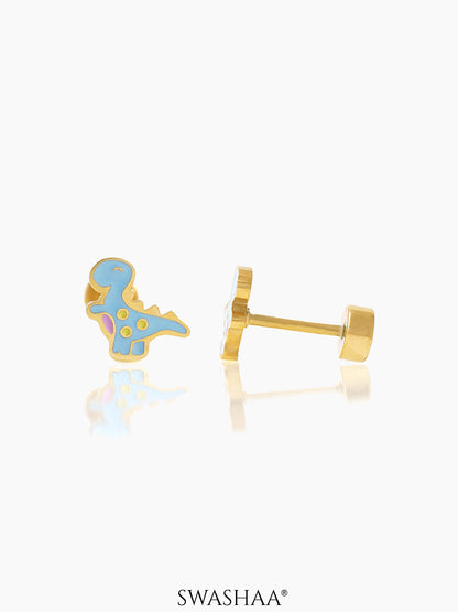 Blue Dina Dinosaur 18K Gold Plated Kid's Stud Earrings