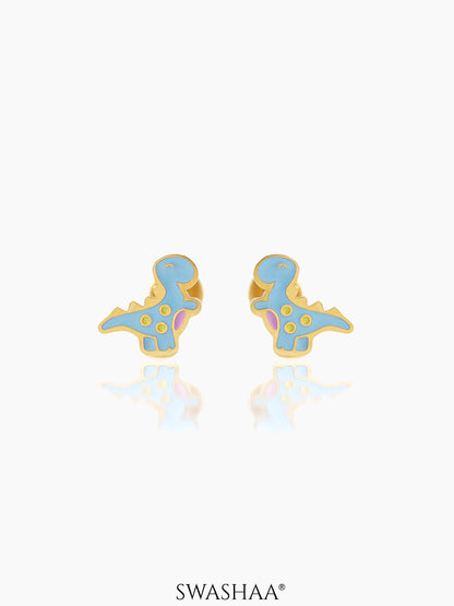 Blue Dina Dinosaur 18K Gold Plated Kid's Stud Earrings