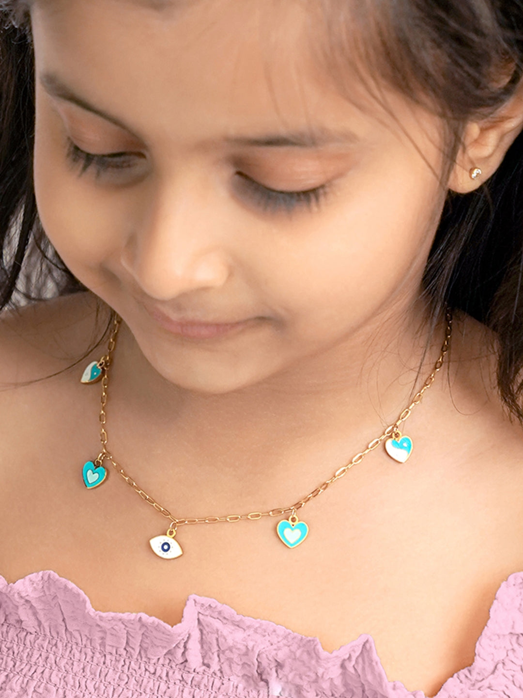 Blue Hearts Eye Charm 18K Gold Plated Kid's Necklace