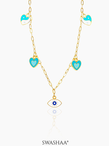 Blue Hearts Eye Charm 18K Gold Plated Kid's Necklace