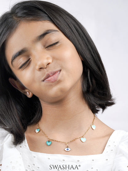 Blue Hearts Eye Charm 18K Gold Plated Kid's Necklace