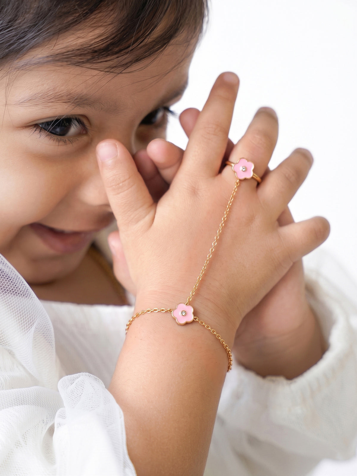 Blush Pink Floral 18K Gold Plated Kid's Ring Bracelet