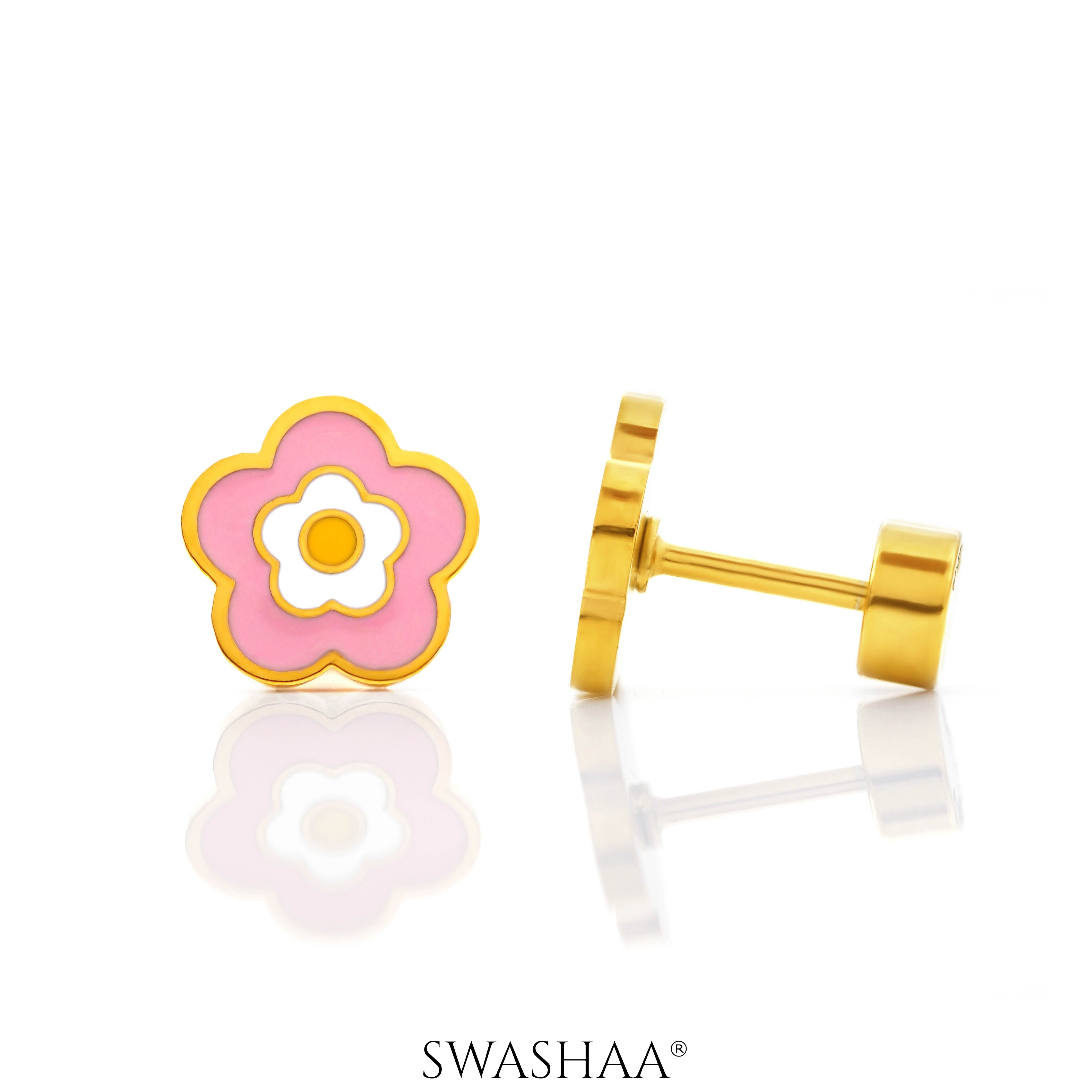 Blush Pink Flower Charm 18K Gold Plated Kid's Earrings