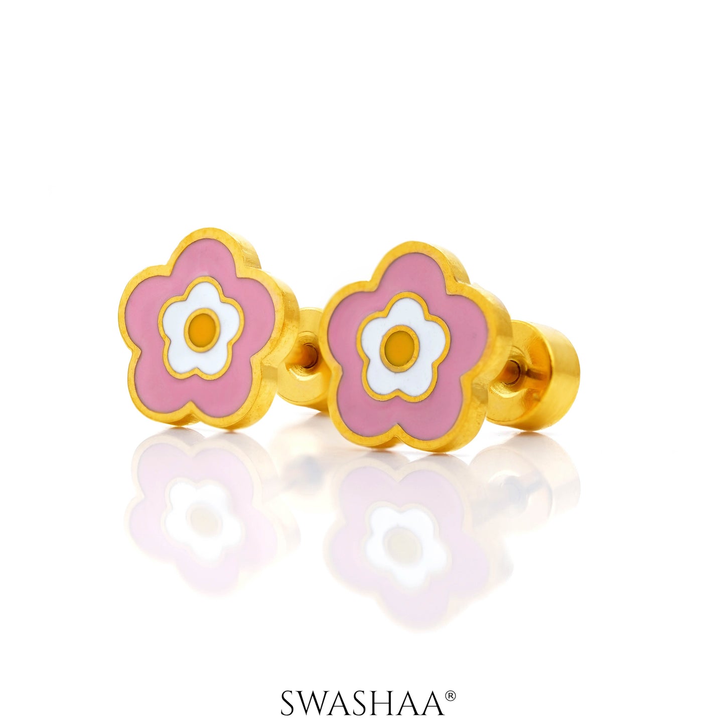 Blush Pink Flower Charm 18K Gold Plated Kid's Earrings