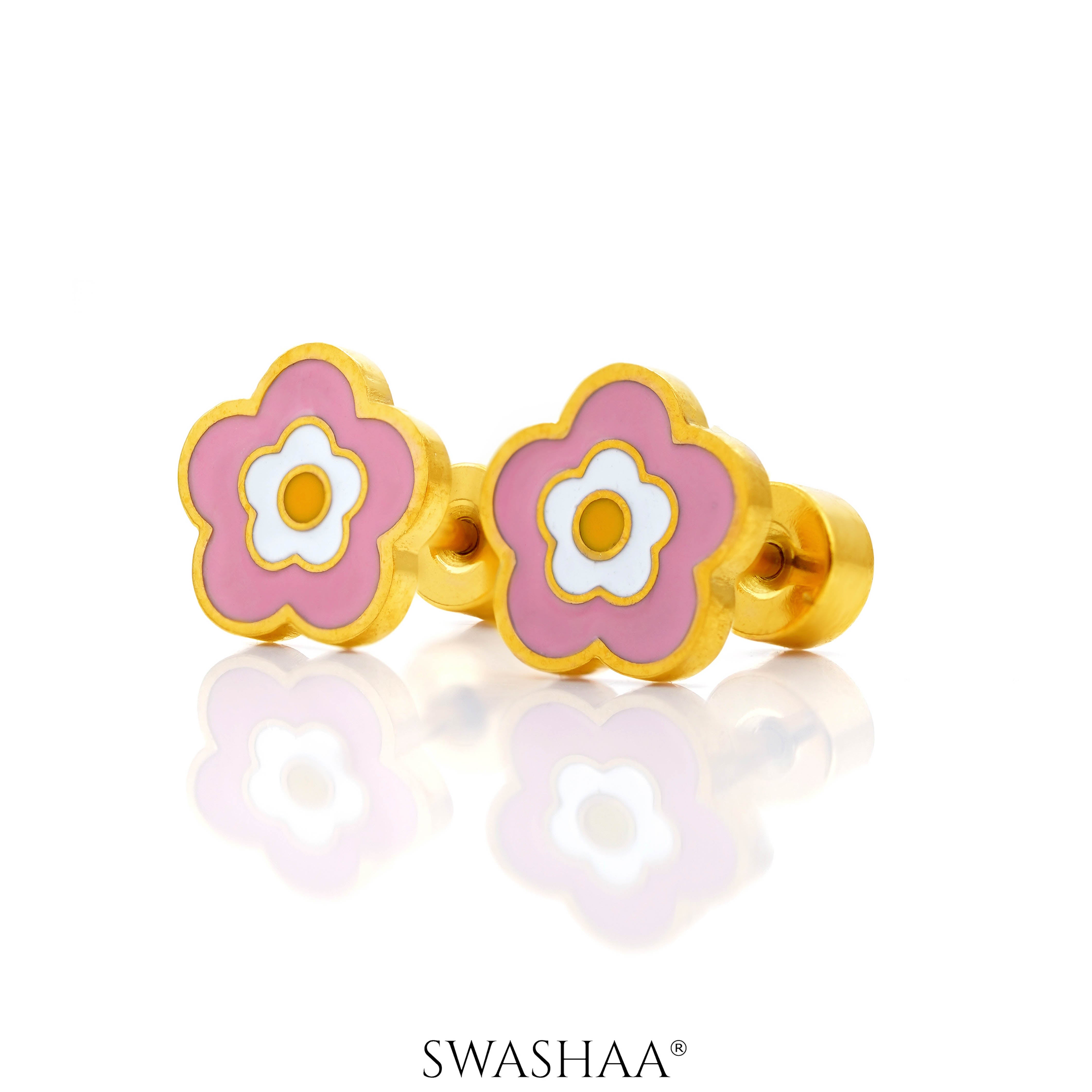 Blush Pink Flower Charm 18K Gold Plated Kid's Earrings