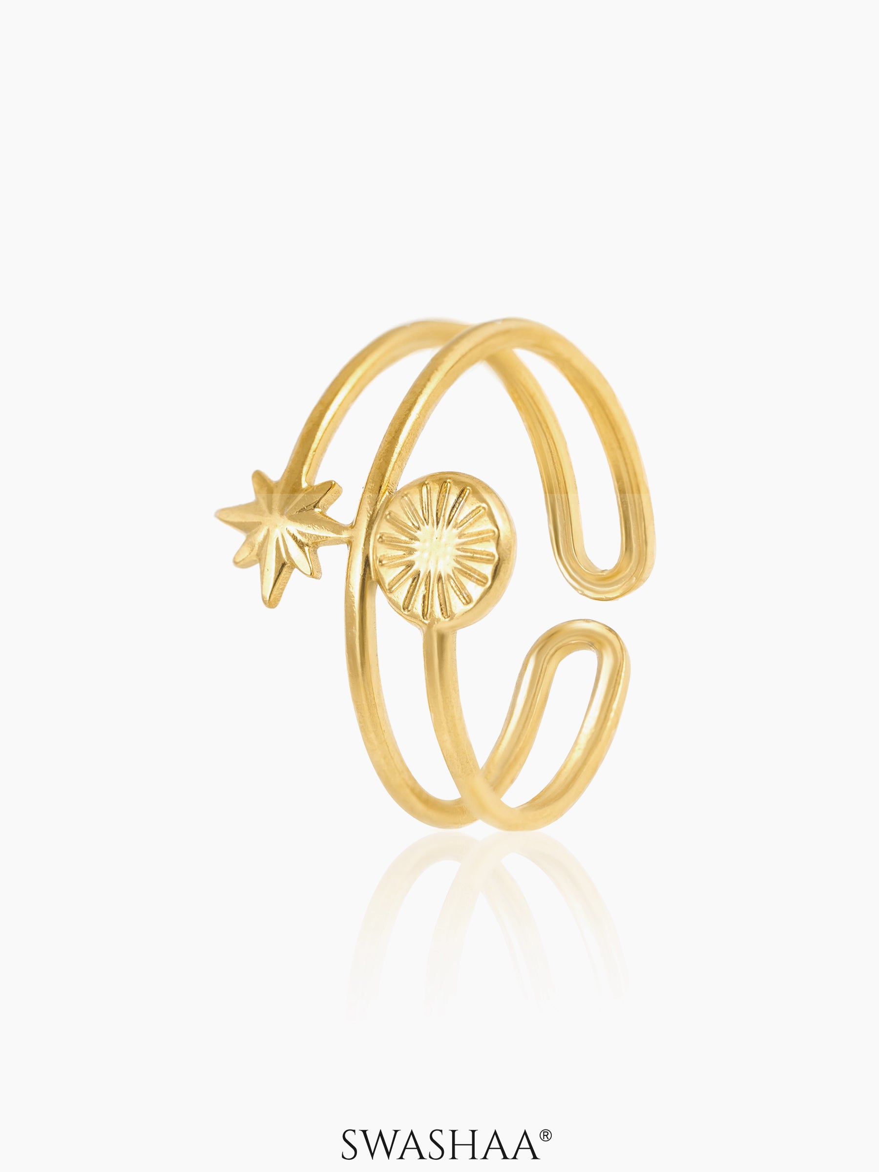 Bodhi Twin Band Sunburst Star Motif 18K Gold Plated Ring