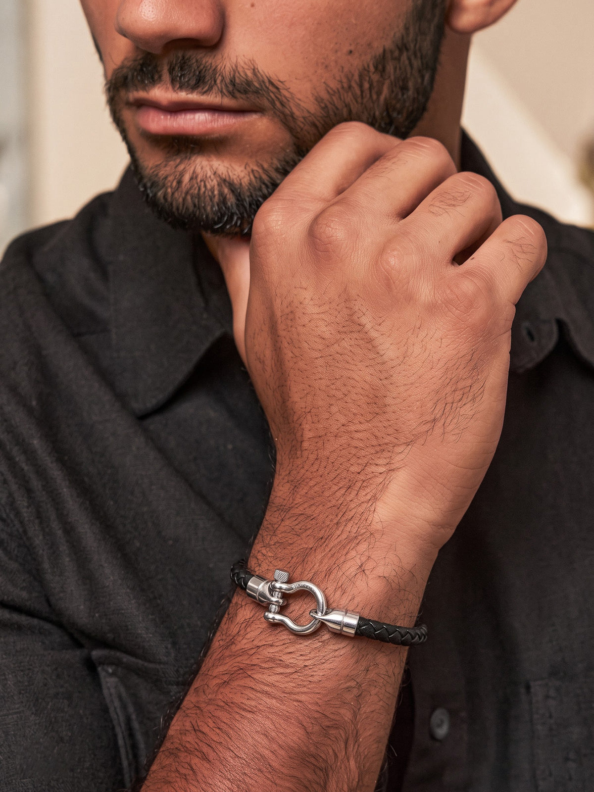 Brevin Silver - Black Men's Leather Bracelet