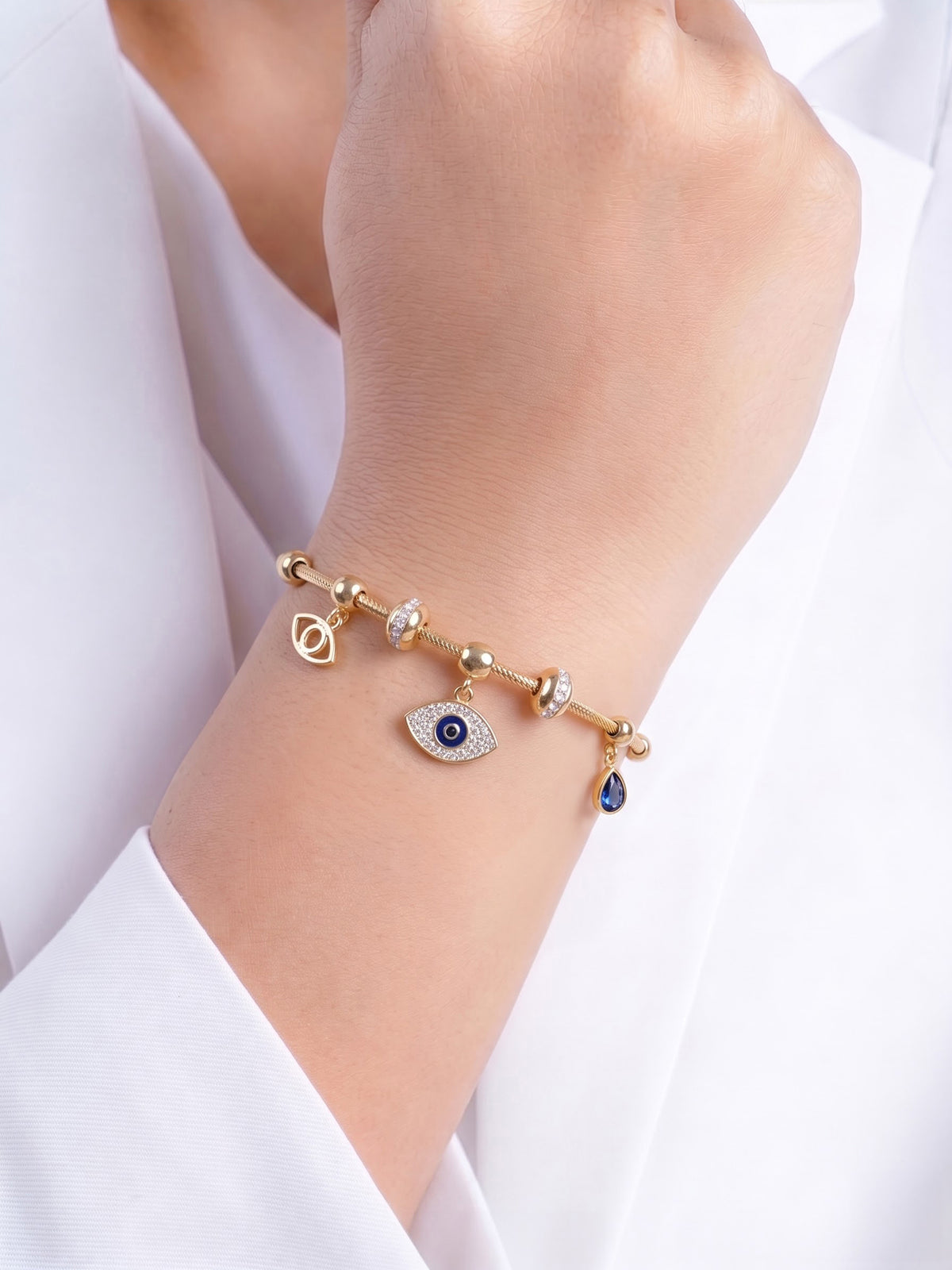 Briala Evil Eye Blue Diamond Eye Charms 18K Gold Plated Women's Solid Bracelet