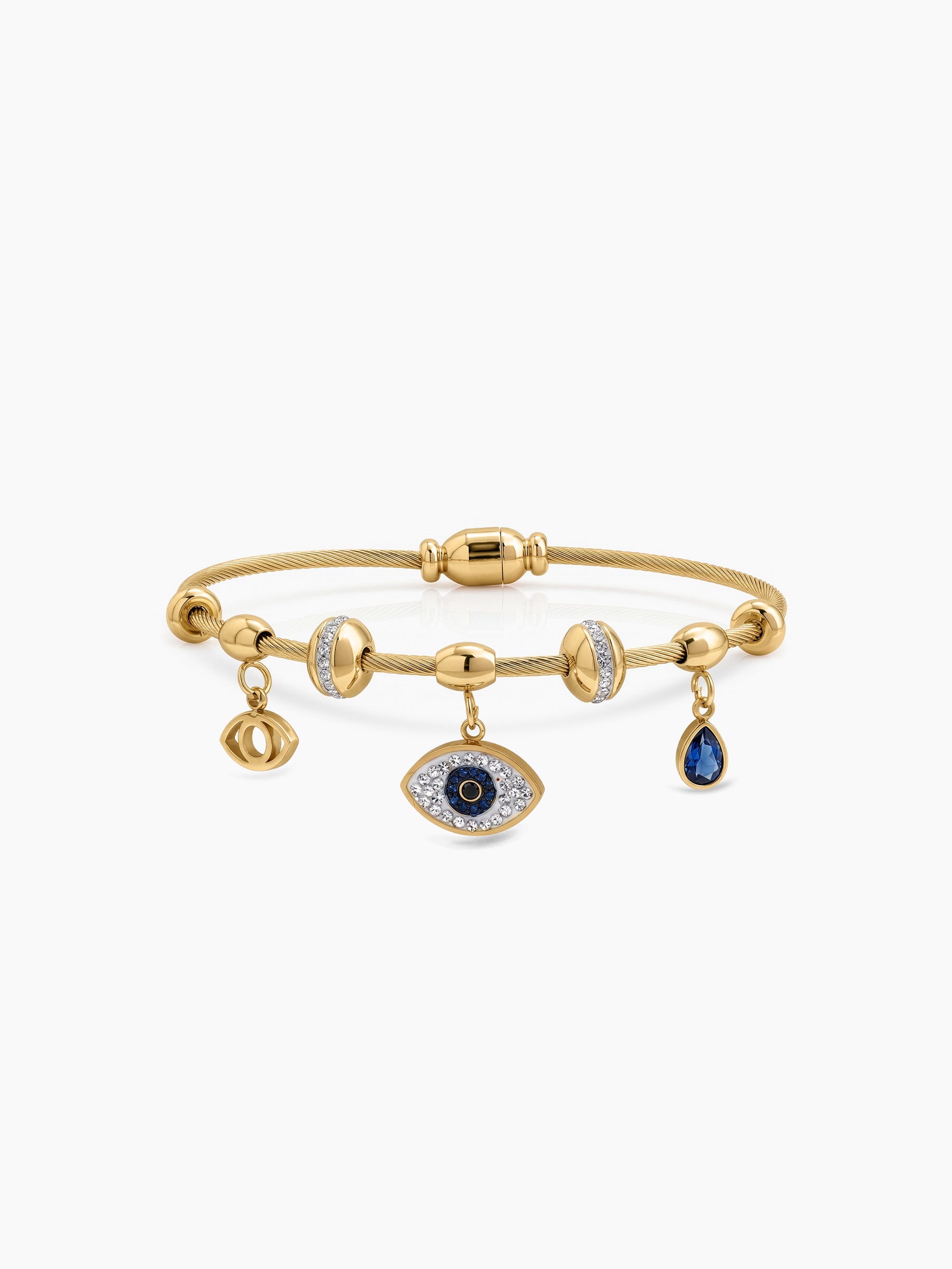 Briala Evil Eye Blue Diamond Eye Charms 18K Gold Plated Women's Solid Bracelet