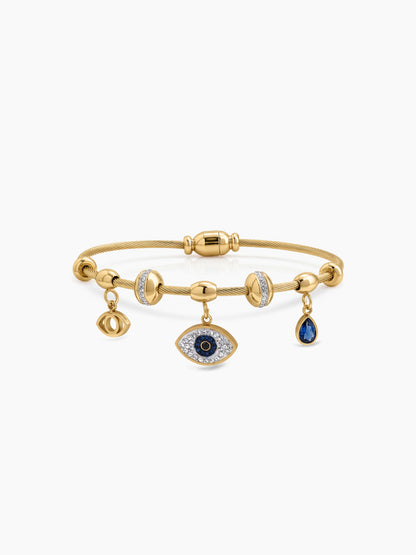 Briala Evil Eye Blue Diamond Eye Charms 18K Gold Plated Women's Solid Bracelet