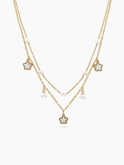 Briony Floral Pearl Charm 18K Gold Plated women's Layered Necklace 