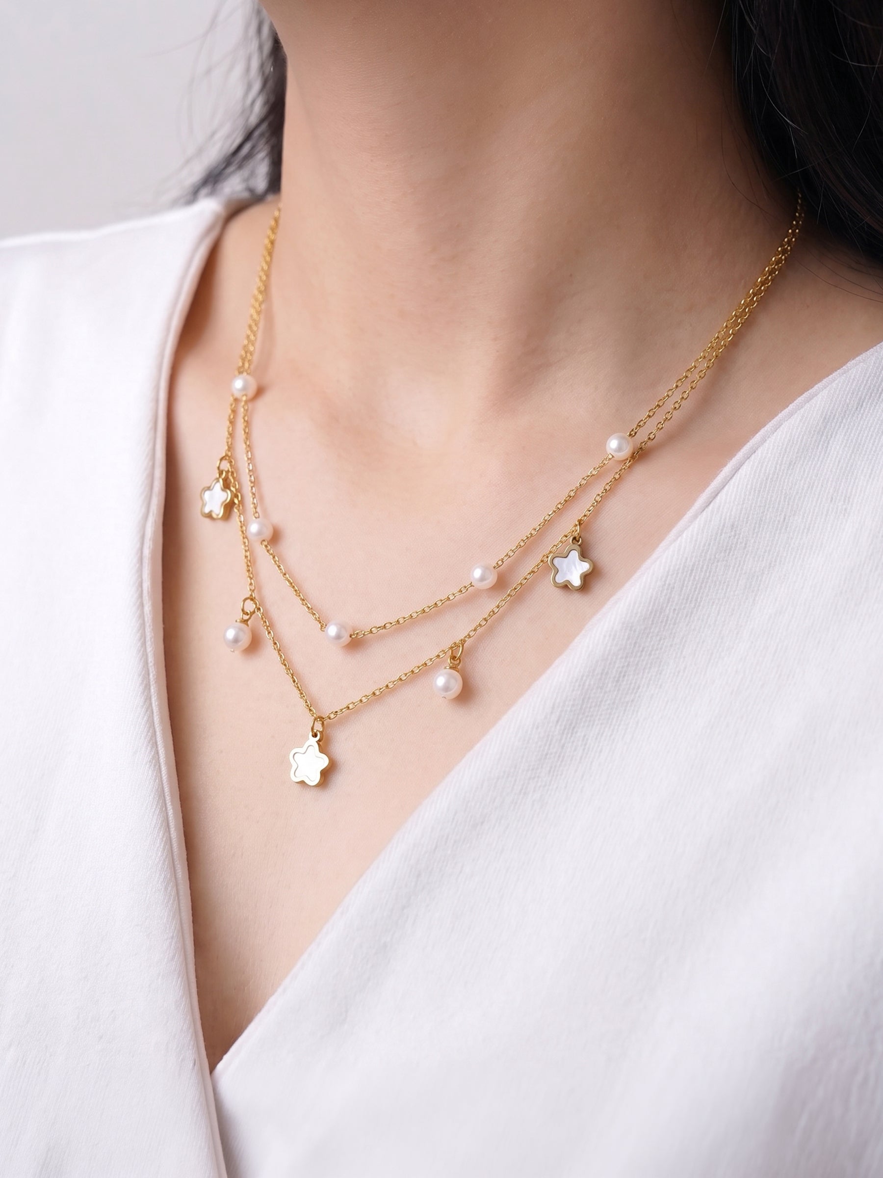 Briony Floral Pearl Charm 18K Gold Plated women's Layered Necklace 
