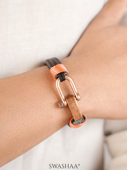 Brown Orange Trail Copper Braided Rosegold Metallic Men's Leather Bracelet
