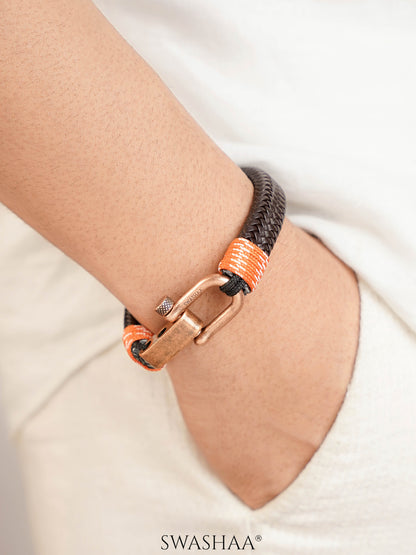 Brown Orange Trail Copper Braided Rosegold Metallic Men's Leather Bracelet