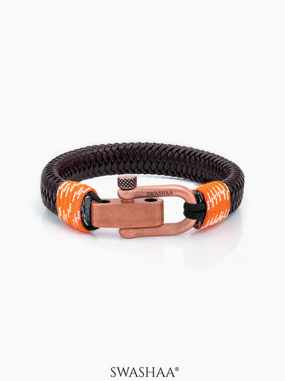 Brown Orange Trail Copper Braided Rosegold Metallic Men's Leather Bracelet