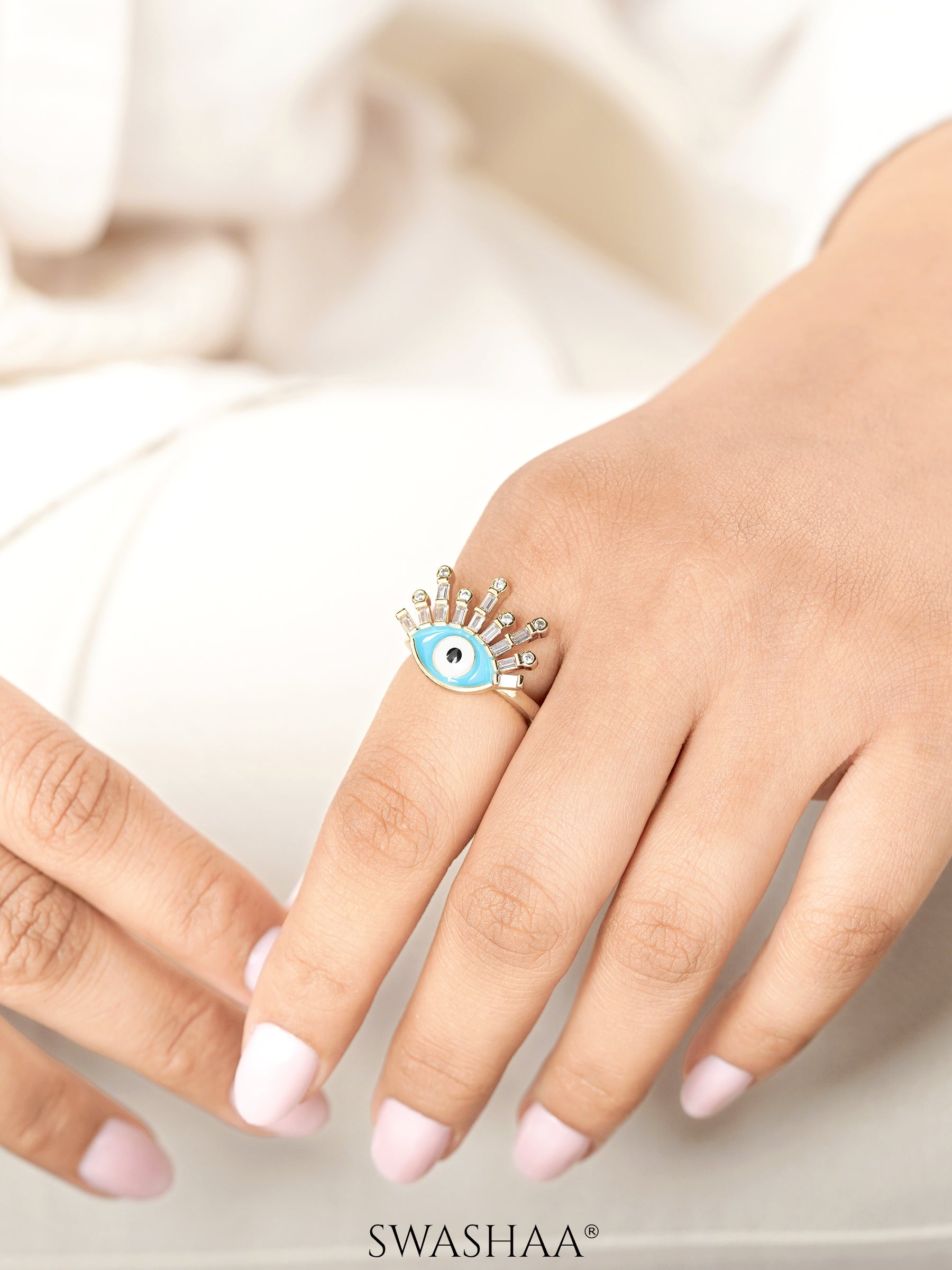 Bruce Evil Eye Aqua 18K Gold Plated Ring