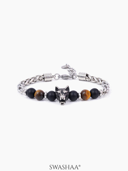 Brucel Black Matte Beads Silver Men's Beaded Bracelet
