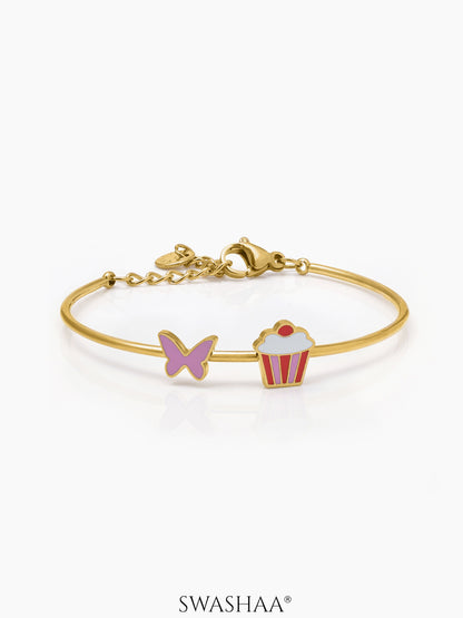 Butterfly & Cupcake 18K Gold Plated Kid's Kada Cuff Bracelet