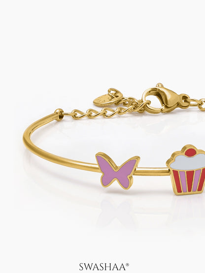 Butterfly & Cupcake 18K Gold Plated Kid's Kada Cuff Bracelet
