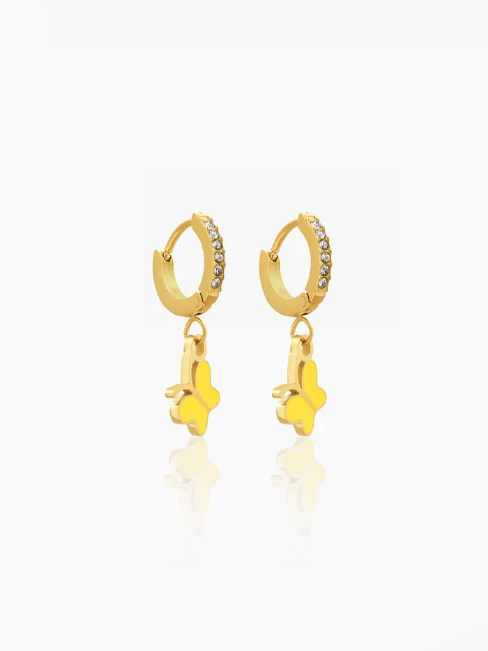Buzzy Yellow Butterfly Diamond Charm 18K Gold Plated Kid's Hoop Dangling Earrings