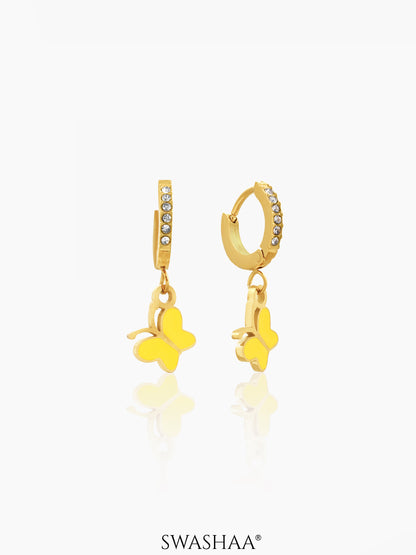 Buzzy Yellow Butterfly Diamond Charm 18K Gold Plated Kid's Hoop Dangling Earrings
