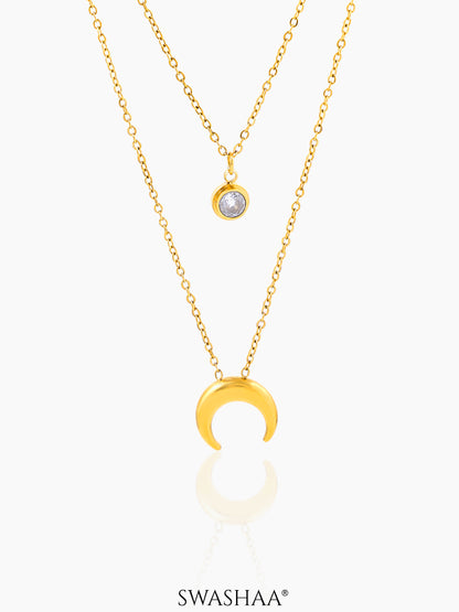 California Layered Diamond Moon Charm 18K Gold Plated Chain Pendant  Necklace