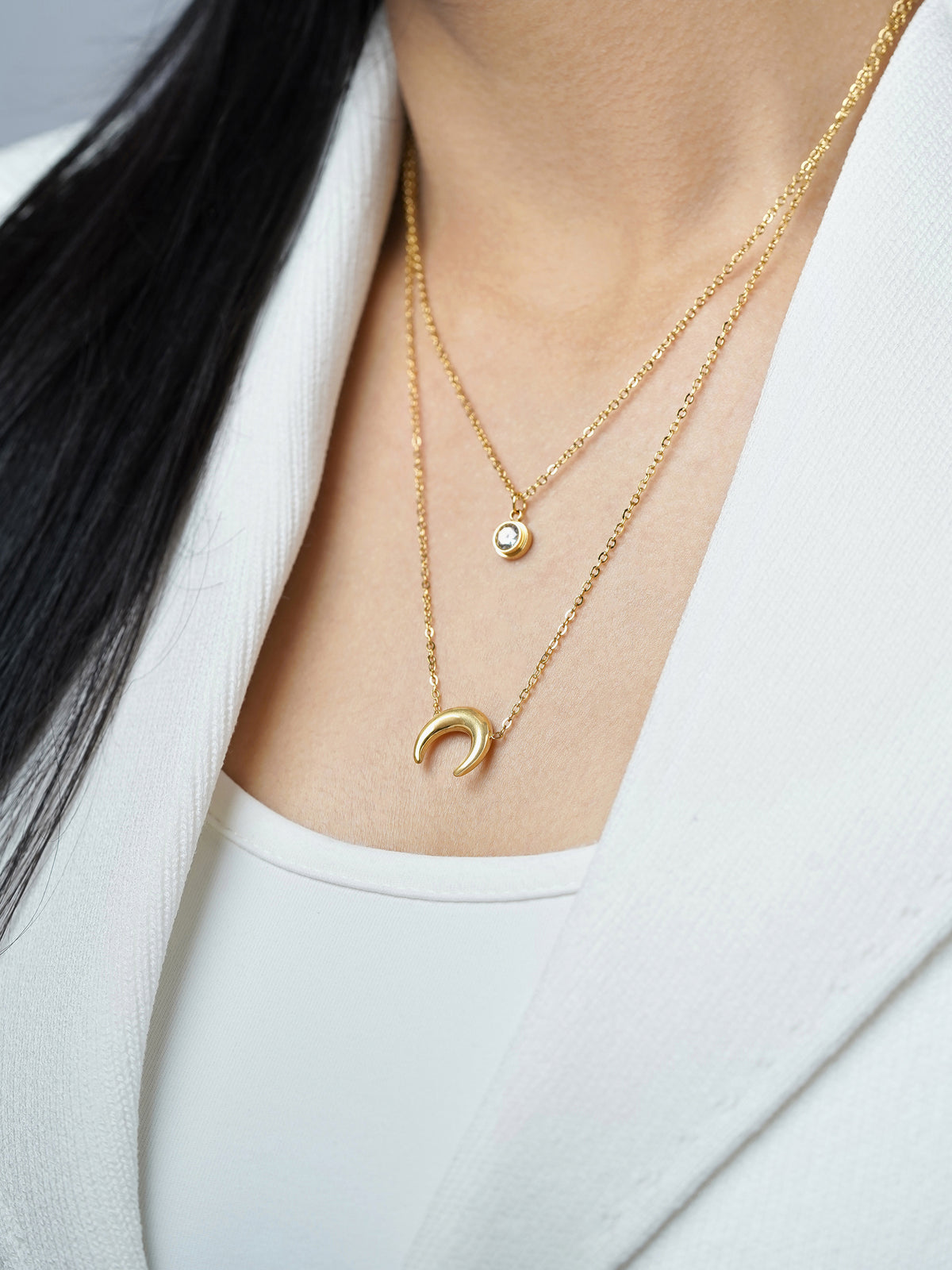 California Layered Diamond Moon Charm 18K Gold Plated Chain Pendant  Necklace