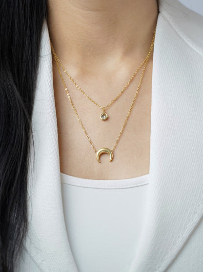 California Layered Diamond Moon Charm 18K Gold Plated Chain Pendant  Necklace