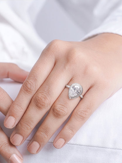 Calyra Tear drop Silver Stone Diamond Solitaire Women's Ring