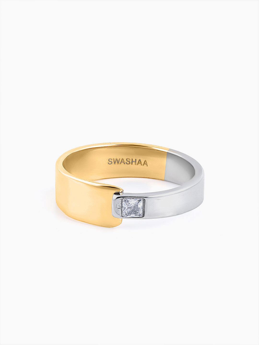 Caravan Gold Silver Dual Tone Embedded Diamond Band Men's Ring