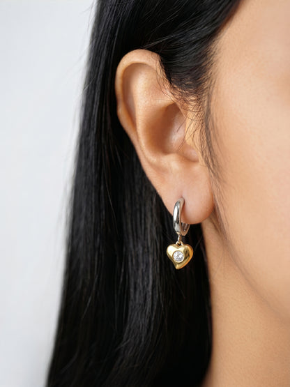 Carenya Solitaire Heart Charm Drop 18K Gold Plated - Silver Women's Dangling Stud Earrings
