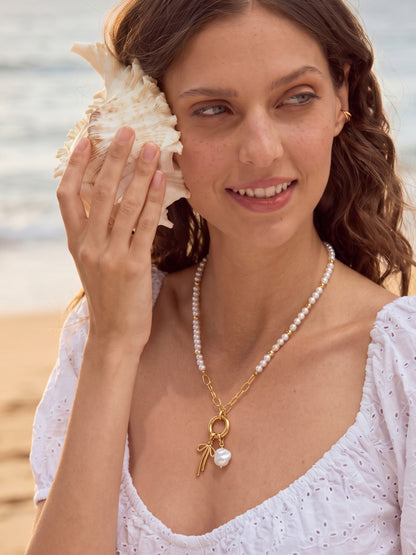 Cecily Bow Pearl 18K Gold Plated Women's Beaded Chain Pendant Necklace