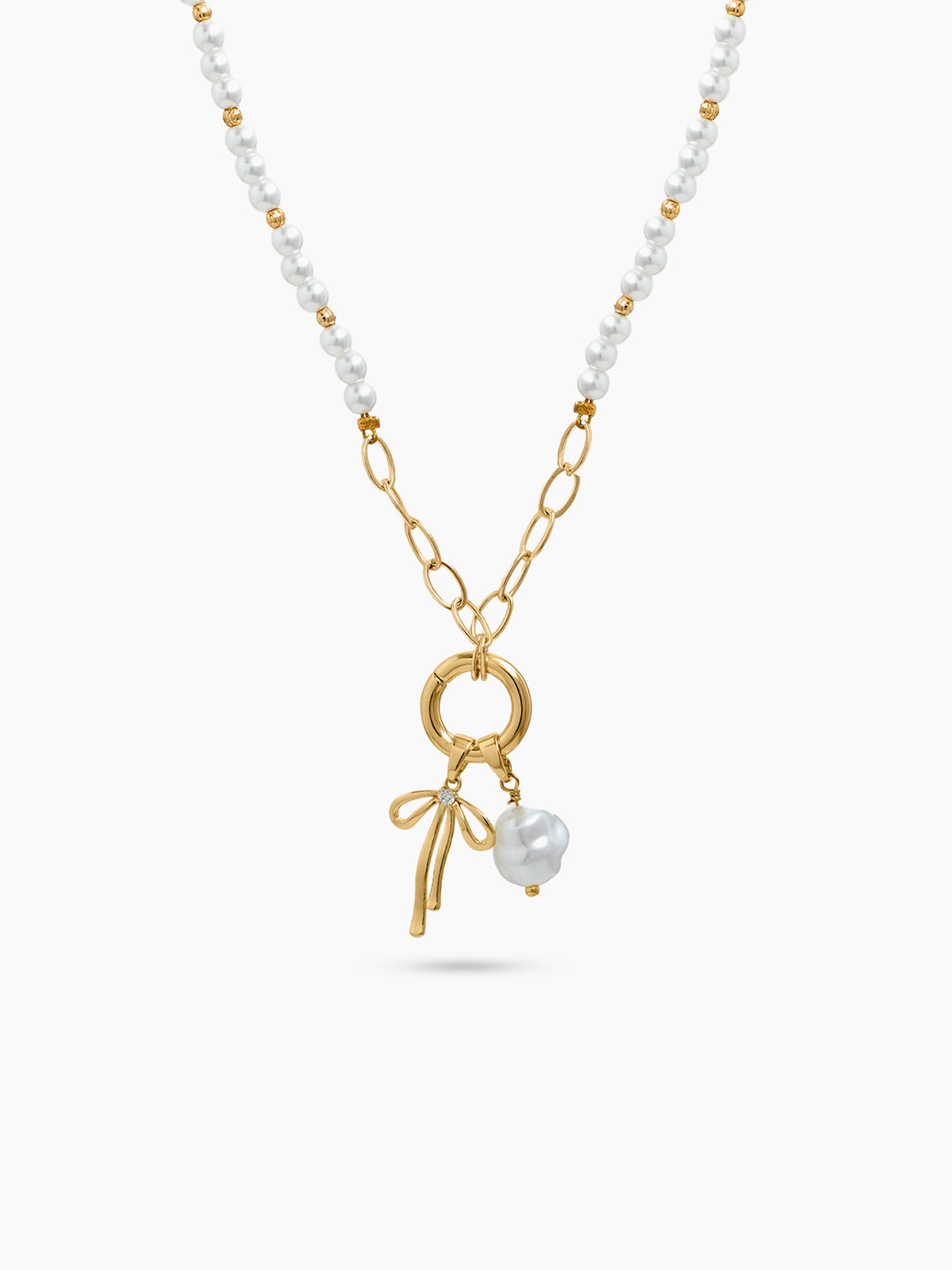 Cecily Bow Pearl 18K Gold Plated Women's Beaded Chain Pendant Necklace