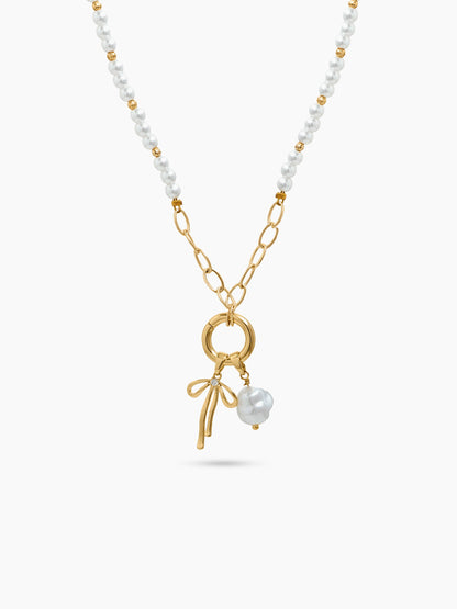 Cecily Bow Pearl 18K Gold Plated Women's Beaded Chain Pendant Necklace