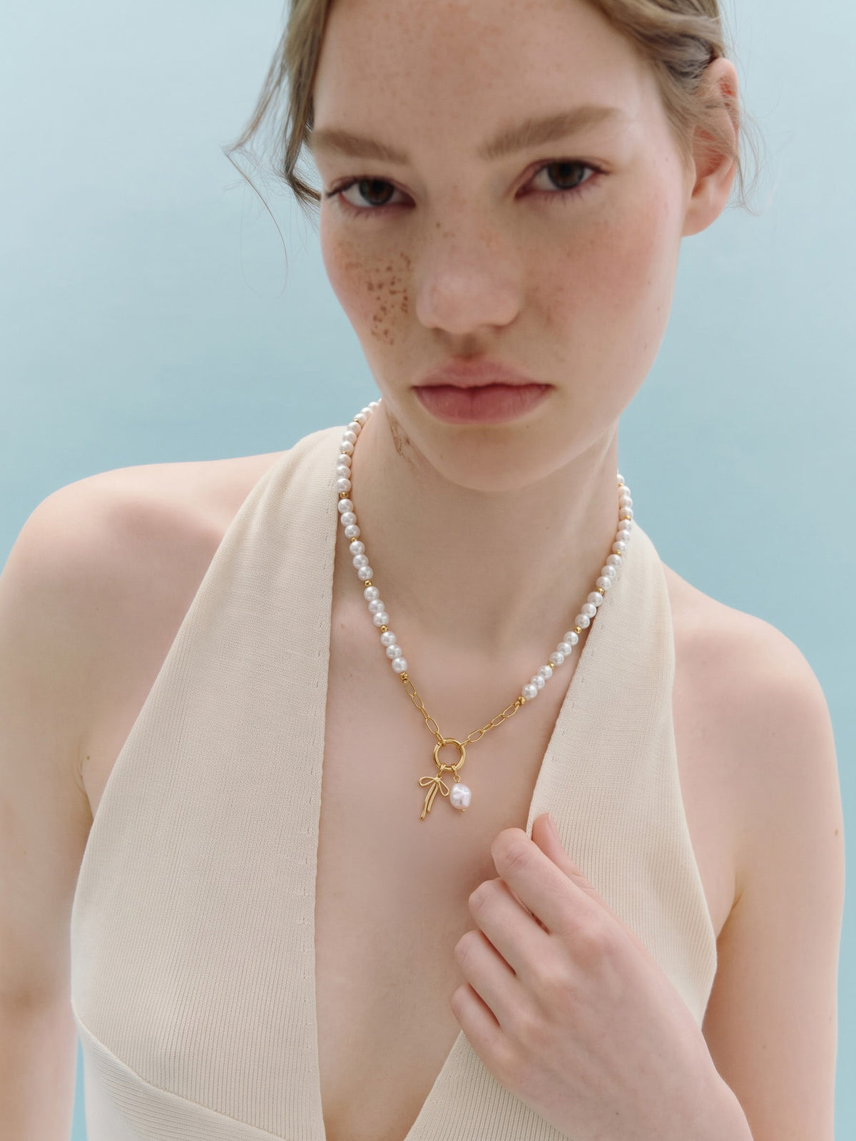 Cecily Bow Pearl 18K Gold Plated Women's Beaded Chain Pendant Necklace