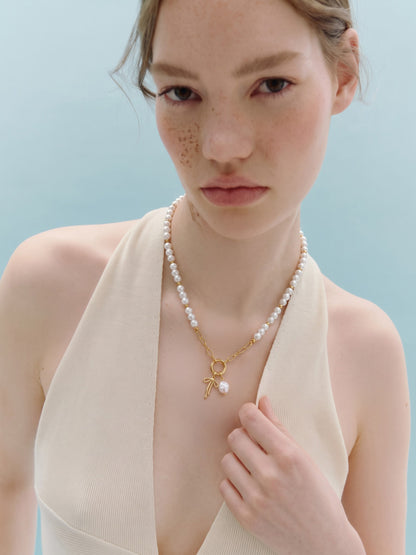 Cecily Bow Pearl 18K Gold Plated Women's Beaded Chain Pendant Necklace