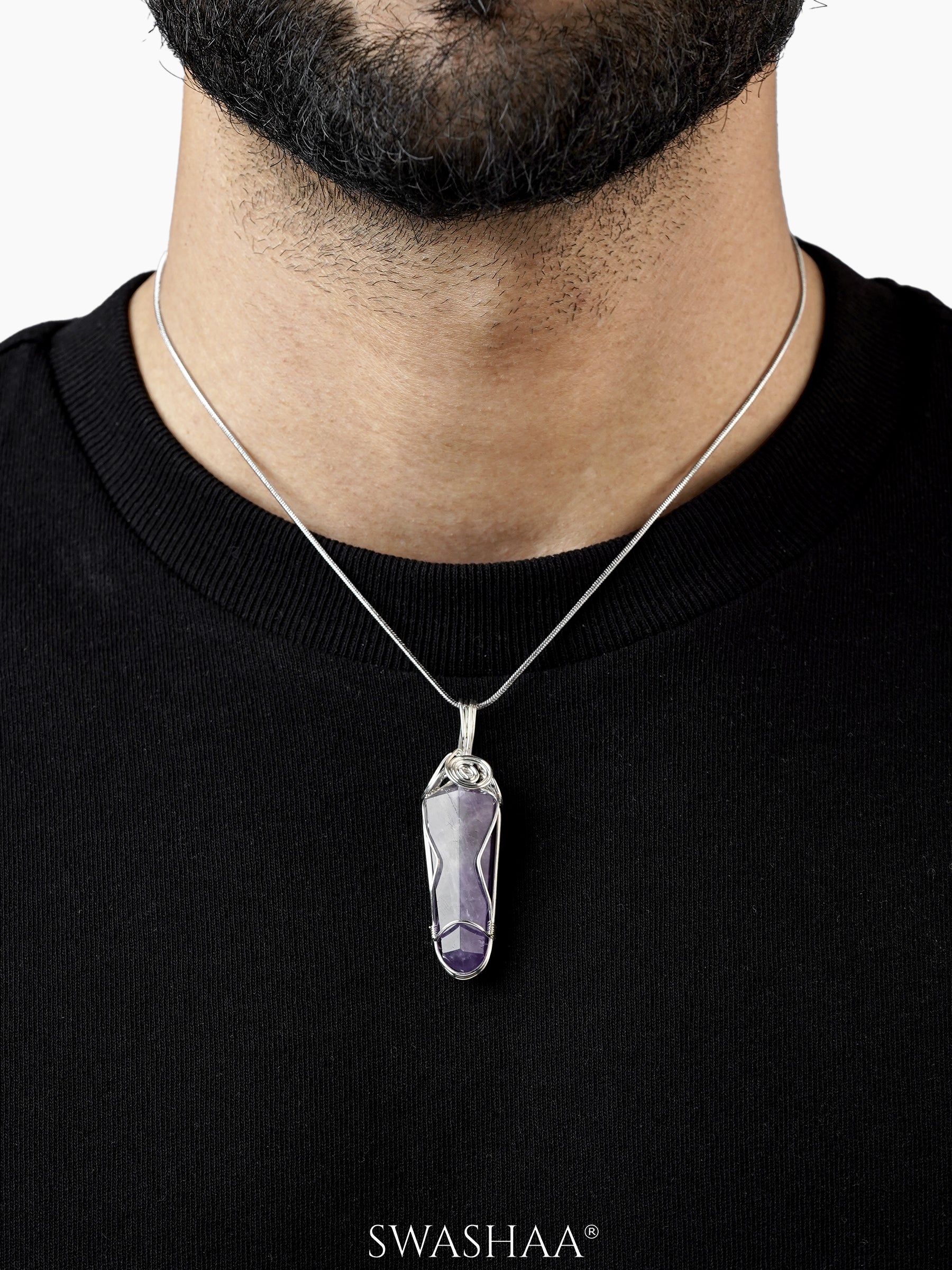 Celestial Amethyst Helix Men's Chain Pendant | Natural Stone
