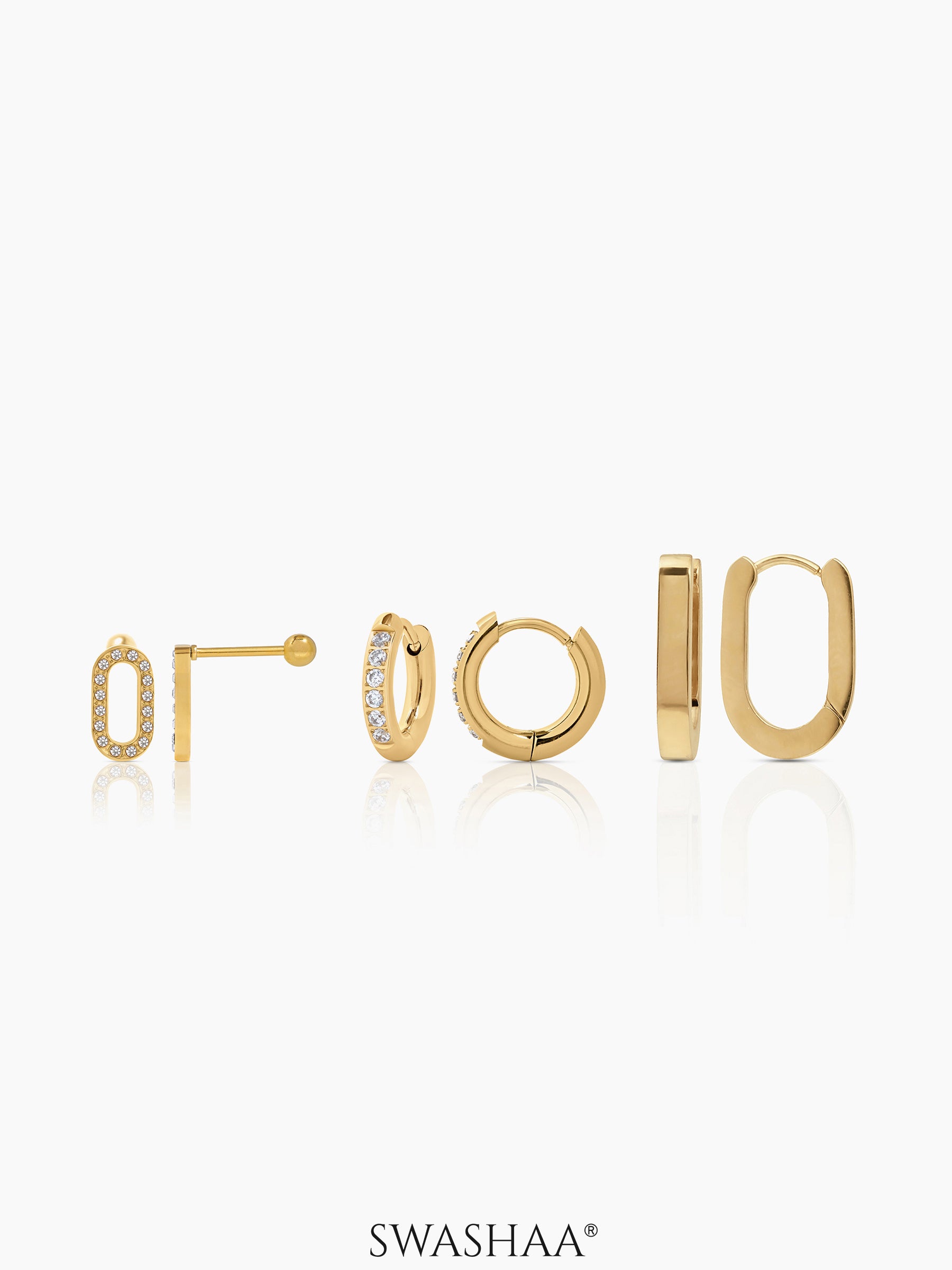 Celia Plain Hoop Studded Oval Charm Pave Crystals Women's Earrings Set