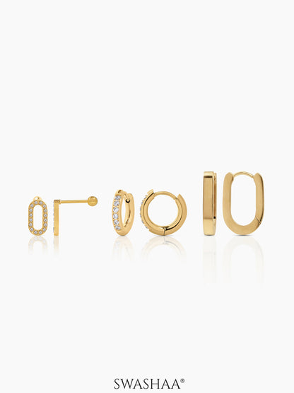 Celia Plain Hoop Studded Oval Charm Pave Crystals Women's Earrings Set