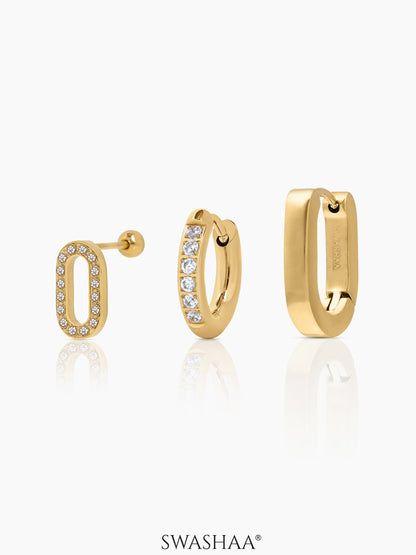 Celia Plain Hoop Studded Oval Charm Pave Crystals Women's Earrings Set